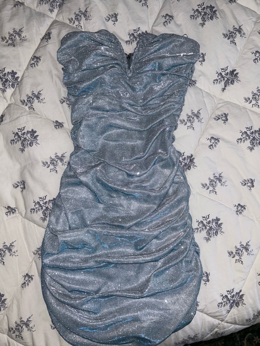 Fashion Nova Strapless Ruched Mini Dress in Shimmering Silver-Blue